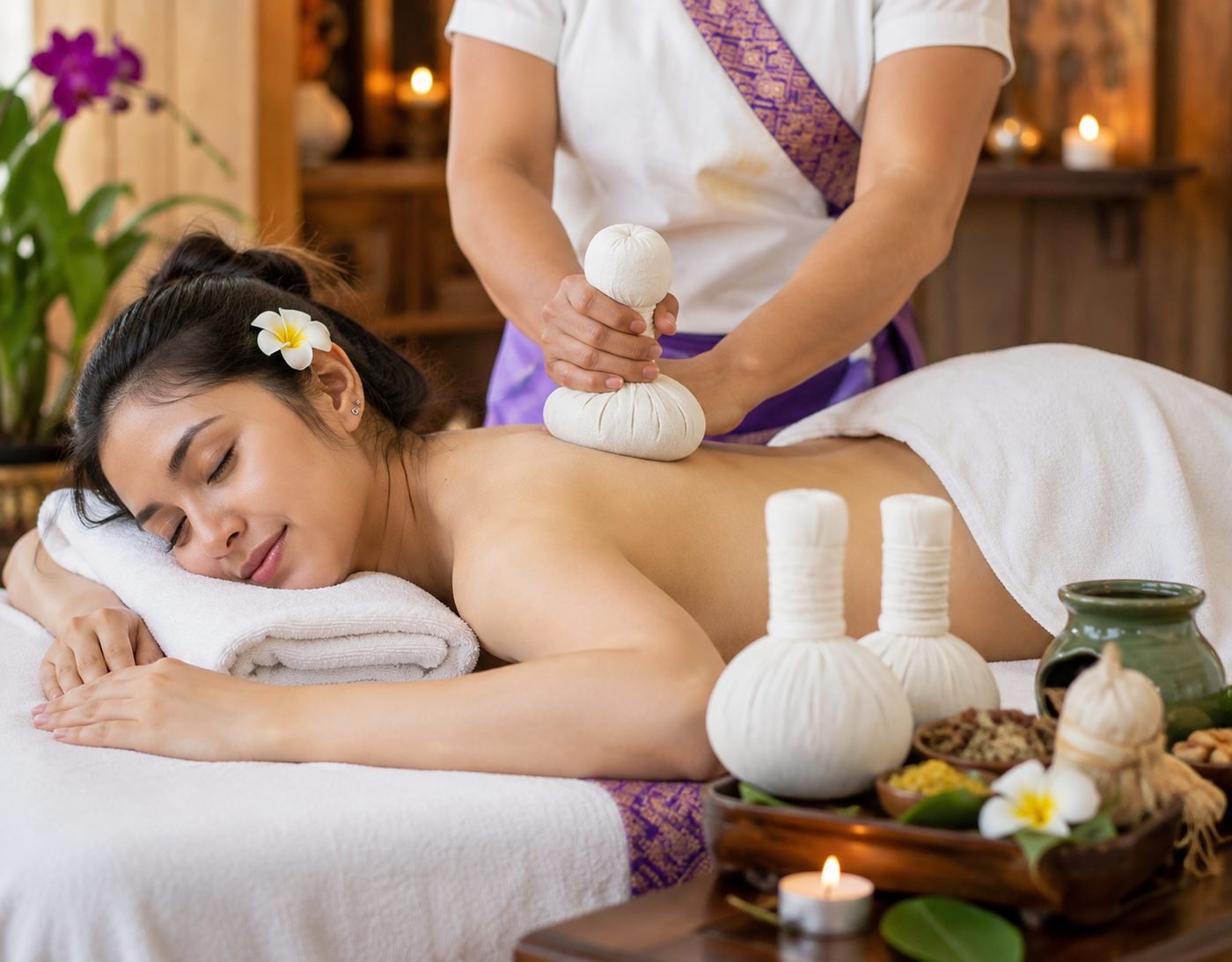 Kräuterstempel-Massage mit warmen Kräuterstempeln